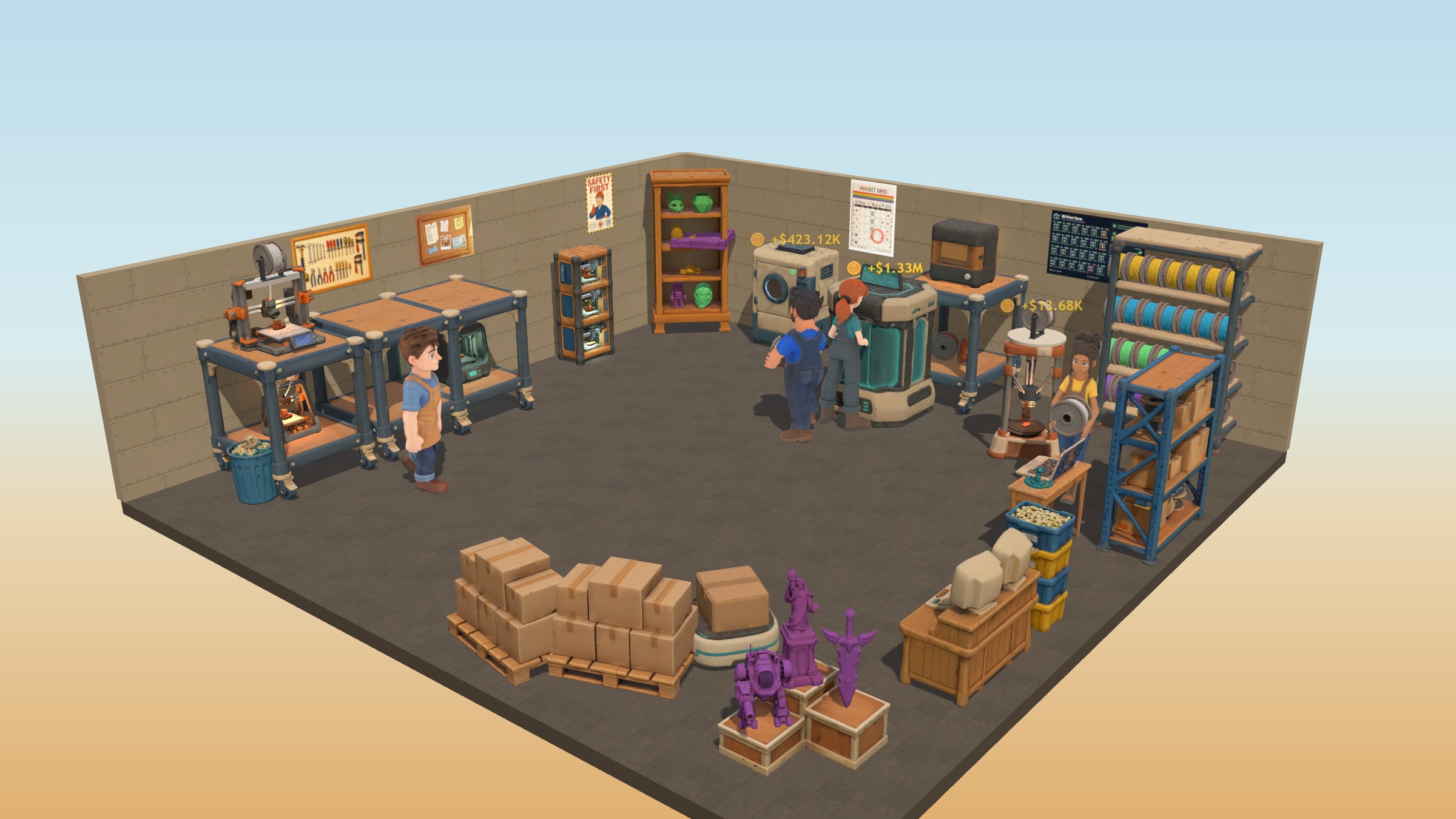 A busy 3D print factory floor in-game: eight kinds of printers running while the crew carries filament spools