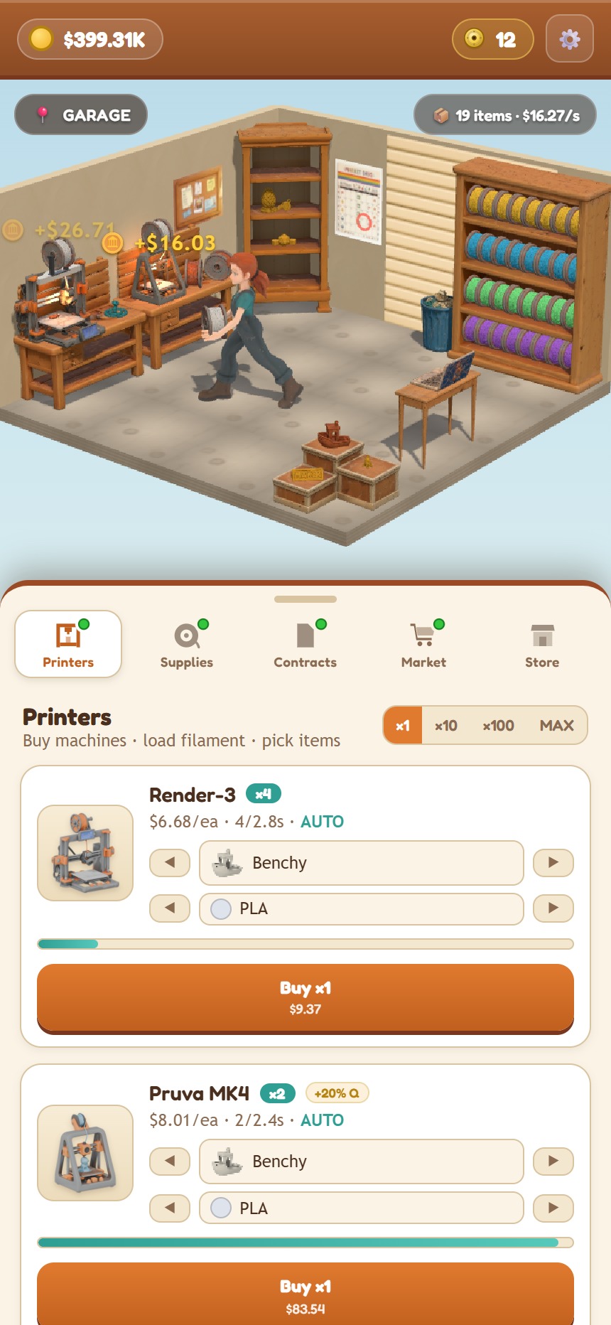 3D Printing Empire running on a phone: the garage workshop above the open Printers drawer